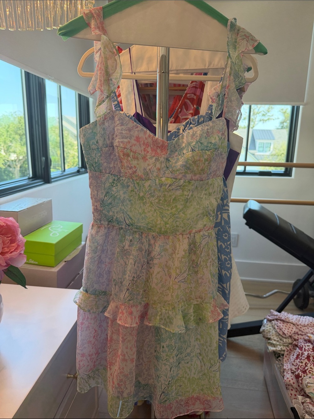 Amanda Uprichard Pastel Floral Tie-Shoulder Ruffle Dress - Pink Green Blue